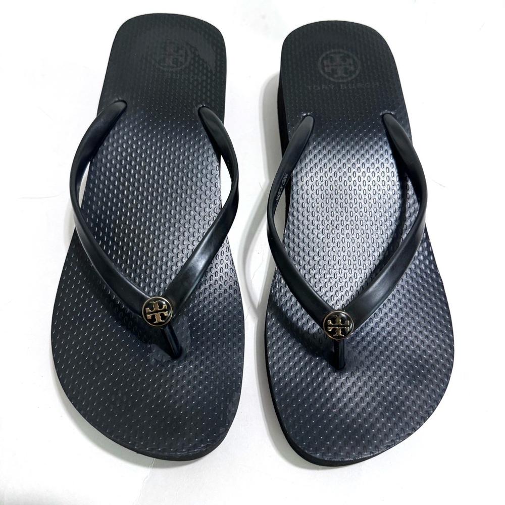 Tory Burch Black Cutout Wedge Flip Flop Platform Sandals Size 9.5